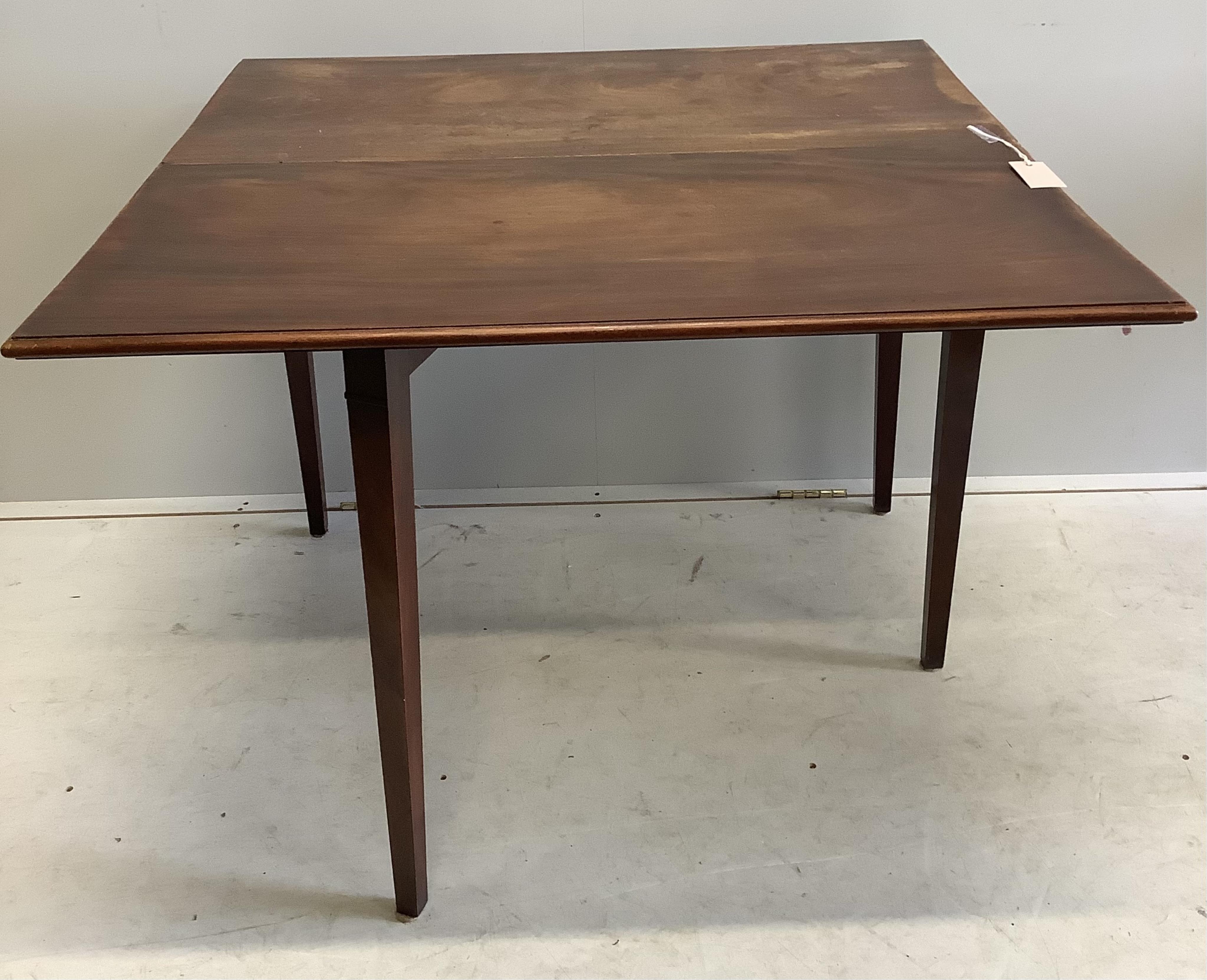 A George III mahogany single drop leaf table, width 90cm, depth 46cm, height 72cm. together with a George III mahogany Pembroke table. Condition - poor